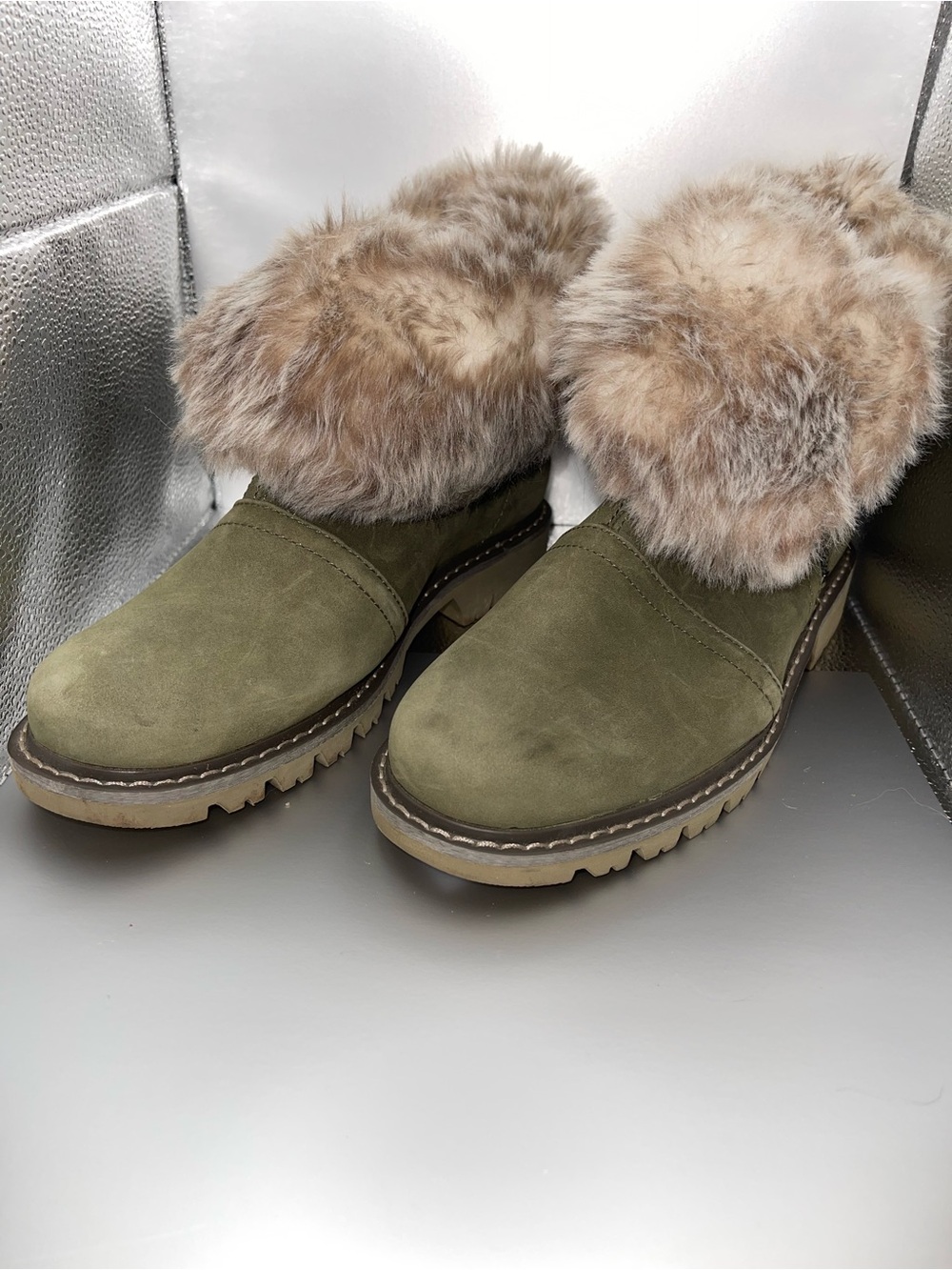 Caterpillar Waterproof Olive Suede-Like Ankle Booties with Faux Fur Cuff